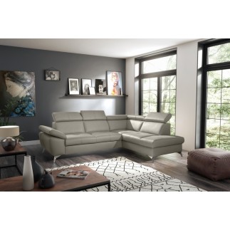 Canapé d'angle convertible en cuir italien de luxe 5 places MILOS, avec coffre, gris clair, angle droit