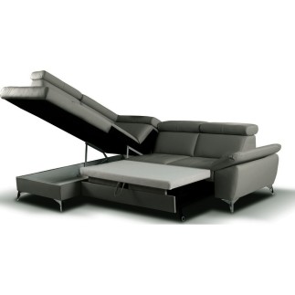 Canapé d'angle convertible en cuir italien de luxe 5 places MILOS, avec coffre, gris foncé, angle gauche (vu de face)