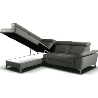 Canapé d'angle convertible en cuir italien de luxe 5 places MILOS, avec coffre, gris foncé, angle gauche (vu de face)