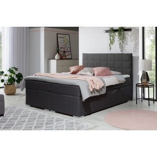 Ensemble boxspring complet tête de lit + sommiers + matelas + surmatelas ALVEN - tissu luxe gris foncé - 180x200 cm