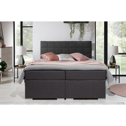 Ensemble boxspring complet tête de lit + sommiers + matelas + surmatelas ALVEN - tissu luxe gris foncé - 180x200 cm