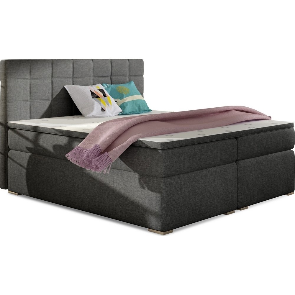 Ensemble boxspring complet tête de lit + sommiers + matelas + surmatelas ALVEN - tissu luxe gris foncé - 160x200 cm