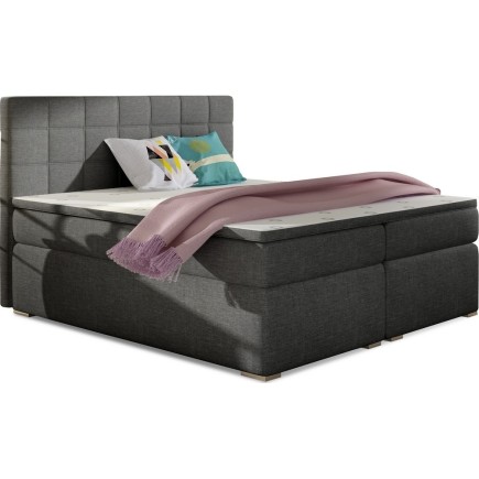 Ensemble boxspring complet tête de lit + sommiers + matelas + surmatelas ALVEN - tissu luxe gris foncé - 160x200 cm