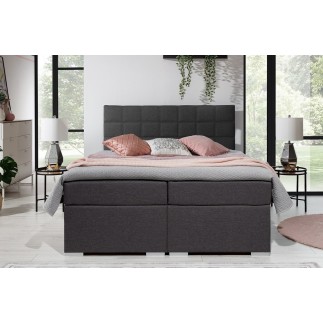 Ensemble boxspring complet tête de lit + sommiers + matelas + surmatelas ALVEN - tissu luxe gris foncé - 140x200 cm
