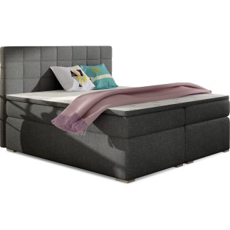 Ensemble boxspring complet tête de lit + sommiers + matelas + surmatelas ALVEN - tissu luxe gris foncé - 140x200 cm