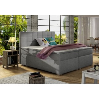 Ensemble boxspring complet tête de lit + sommiers + matelas + surmatelas ALVEN - tissu luxe gris - 160x200 cm