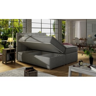 Ensemble boxspring complet tête de lit + sommiers + matelas + surmatelas ALVEN - tissu luxe gris - 160x200 cm