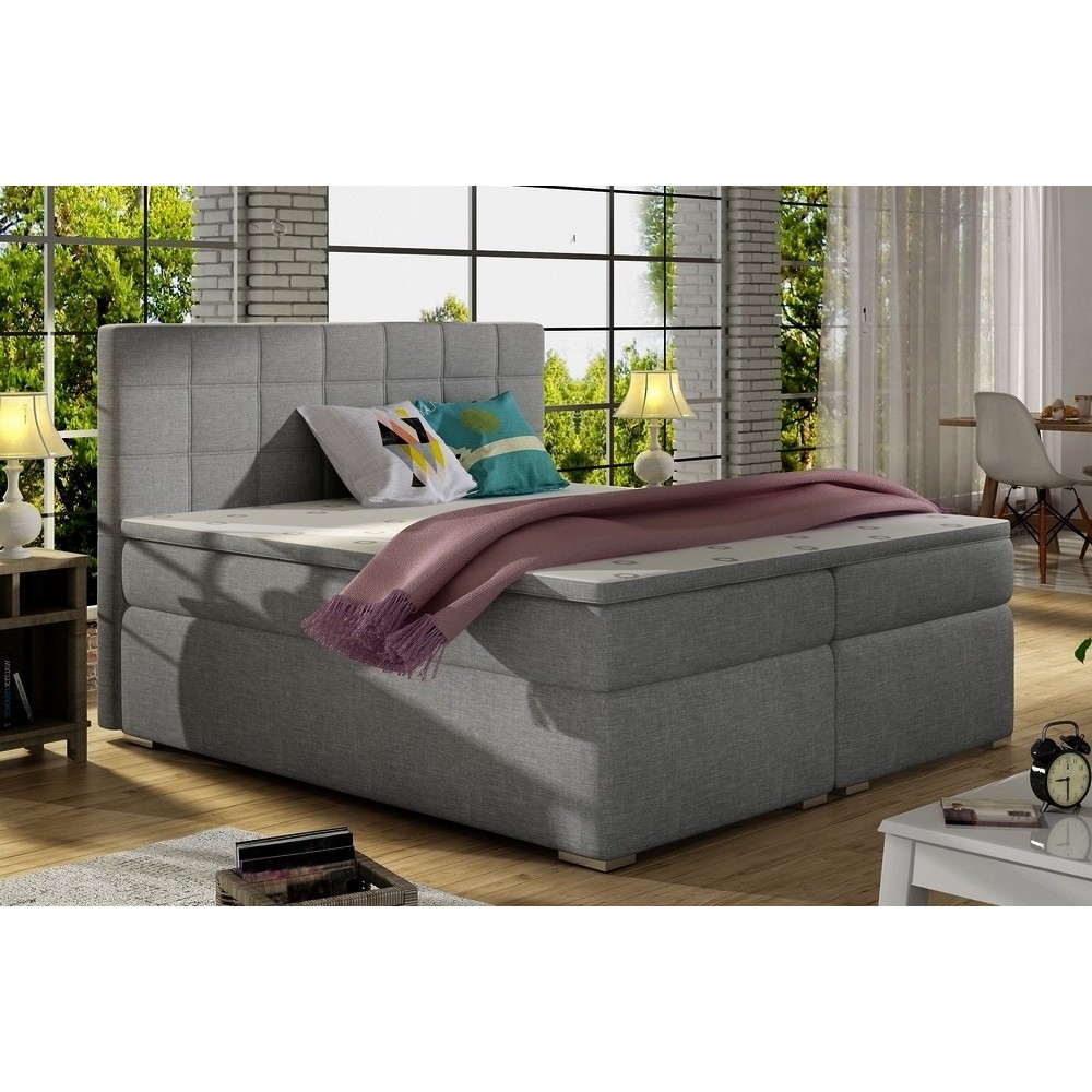 Ensemble boxspring complet tête de lit + sommiers + matelas + surmatelas ALVEN - tissu luxe gris - 140x200 cm