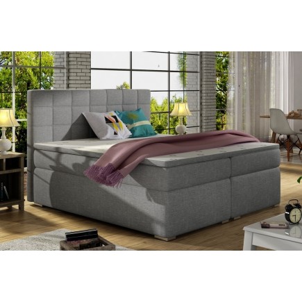 Ensemble boxspring complet tête de lit + sommiers + matelas + surmatelas ALVEN - tissu luxe gris 180x200 cm