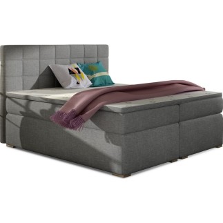 Ensemble boxspring complet tête de lit + sommiers + matelas + surmatelas ALVEN - tissu luxe gris 180x200 cm