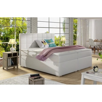 Ensemble boxspring complet tête de lit + sommiers + matelas + surmatelas ALVEN - simili cuir blanc cassé - 140x200 cm