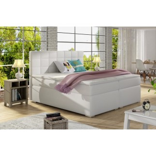 Ensemble boxspring complet tête de lit + sommiers + matelas + surmatelas ALVEN - simili cuir blanc cassé - 180x200 cm