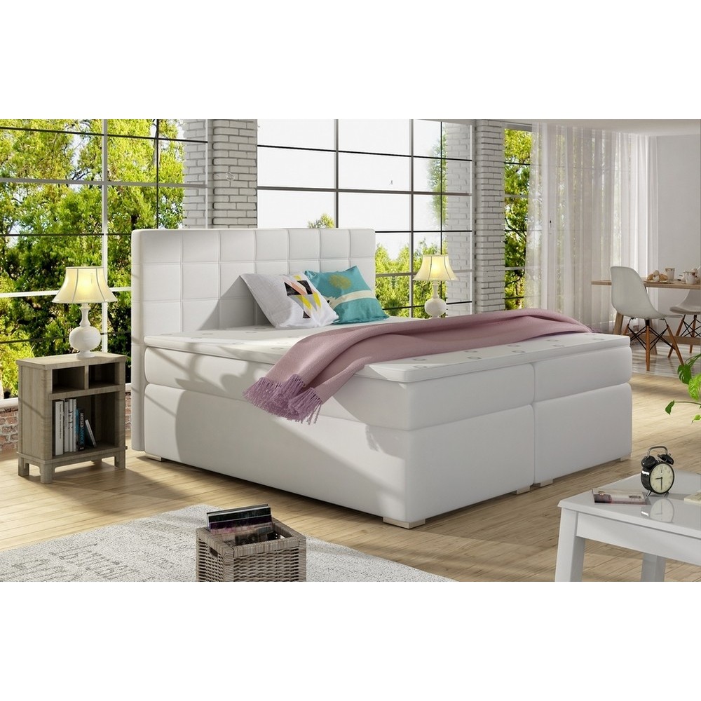 Ensemble boxspring complet tête de lit + sommiers + matelas + surmatelas ALVEN - simili cuir blanc cassé - 180x200 cm
