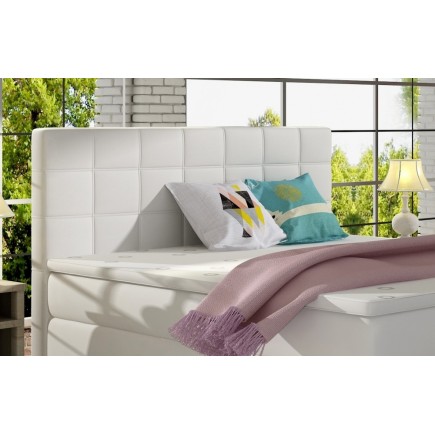Ensemble boxspring complet tête de lit + sommiers + matelas + surmatelas ALVEN - simili cuir blanc cassé - 180x200 cm