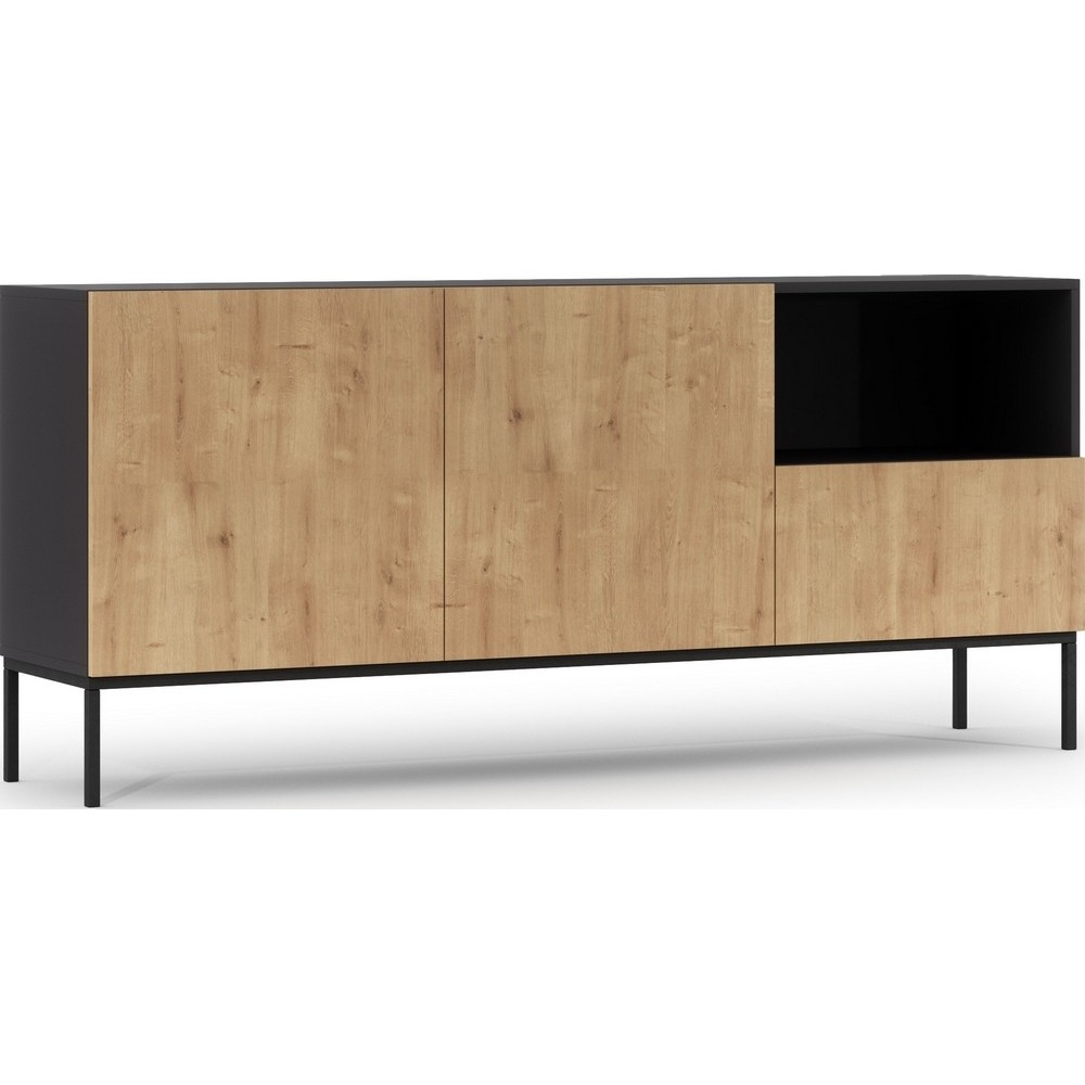 Très jolie commode de dimensions 180x40x80 cm, noir mat et chêne - Lancaster, Bois