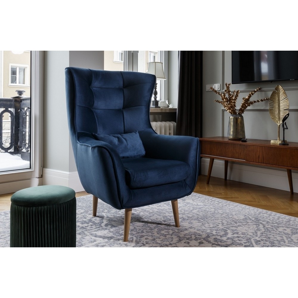 Fauteuil 1 place en tissu velours catégorie luxe, bleu foncé, ARTISTE