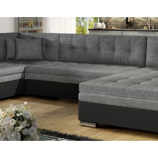 Canapé panoramique convertible - DAMIEN - en tissu gris de qualité et caisse simili noir, 7 places, gris, méridienne à droite et