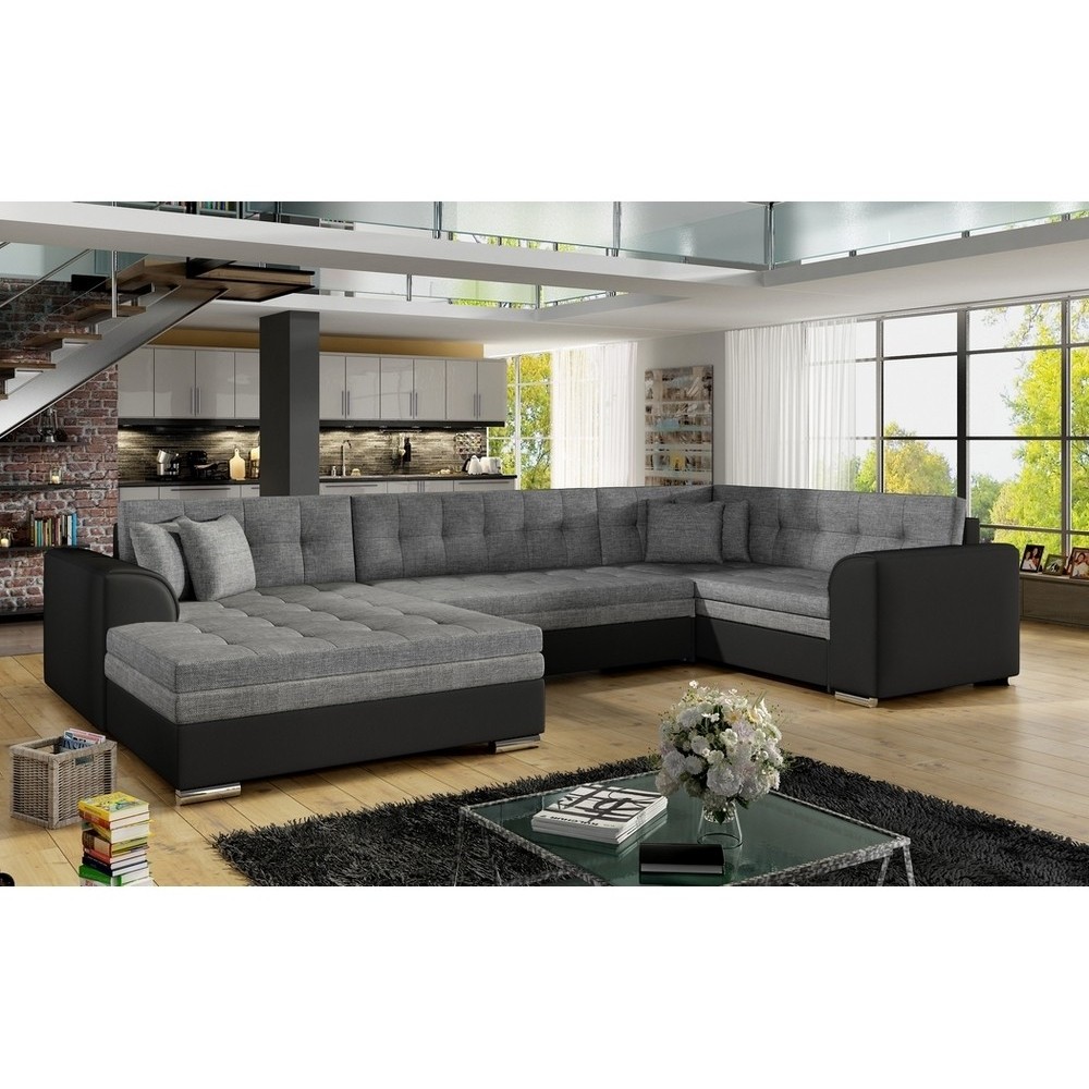 Canapé panoramique convertible - DAMIEN - en tissu gris de qualité et caisse simili noir, 7 places, gris, méridienne à gauche et