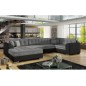 Canapé panoramique convertible - DAMIEN - en tissu gris de qualité et caisse simili noir, 7 places, gris, méridienne à gauche et