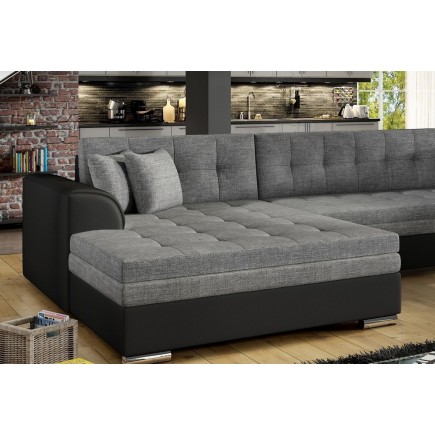 Canapé panoramique convertible - DAMIEN - en tissu gris de qualité et caisse simili noir, 7 places, gris, méridienne à gauche et