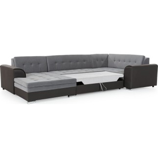 Canapé panoramique convertible - DAMIEN - en tissu gris de qualité et caisse simili noir, 7 places, gris, méridienne à gauche et