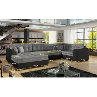 Canapé panoramique convertible - DAMIEN - en tissu gris de qualité et caisse simili noir, 7 places, gris, méridienne à gauche et
