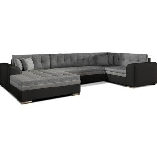 Canapé panoramique convertible - DAMIEN - en tissu gris de qualité et caisse simili noir, 7 places, gris, méridienne à gauche et