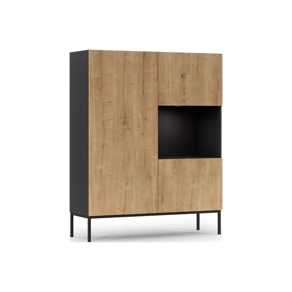 Buffet haut de la collection Lancaster, 120x150x40 cm, noir mat et chêne aristan, Bois et noir