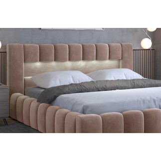Lit 140x200 rembourré en velours luxe avec coffre et éclairage LED, marron, LANA