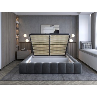 Lit 140x200 rembourré en velours luxe avec coffre et éclairage LED, marron, LANA