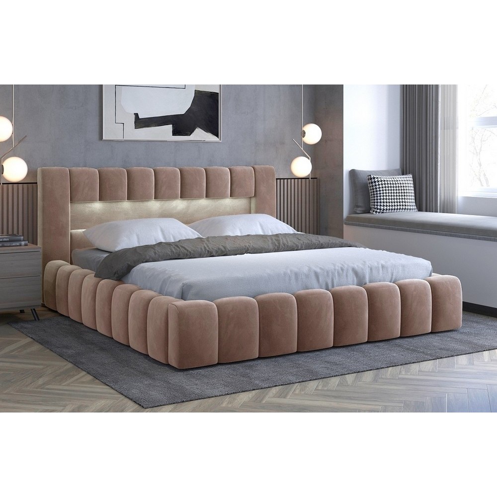 Lit 160x200 rembourré en velours luxe avec coffre et éclairage LED, marron, LANA