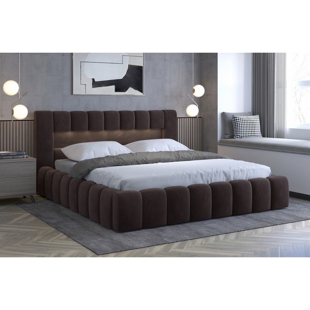Lit 140x200 rembourré en velours luxe avec coffre et éclairage LED, chocolat, LANA