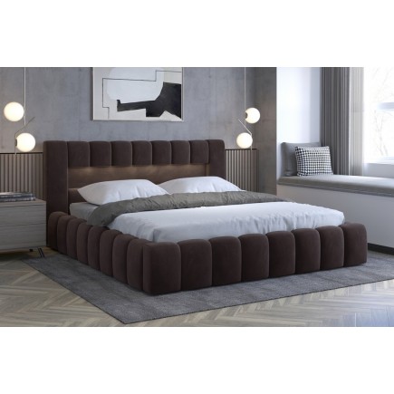 Lit 180x200 rembourré en velours luxe avec coffre et LED, chocolat, LANA