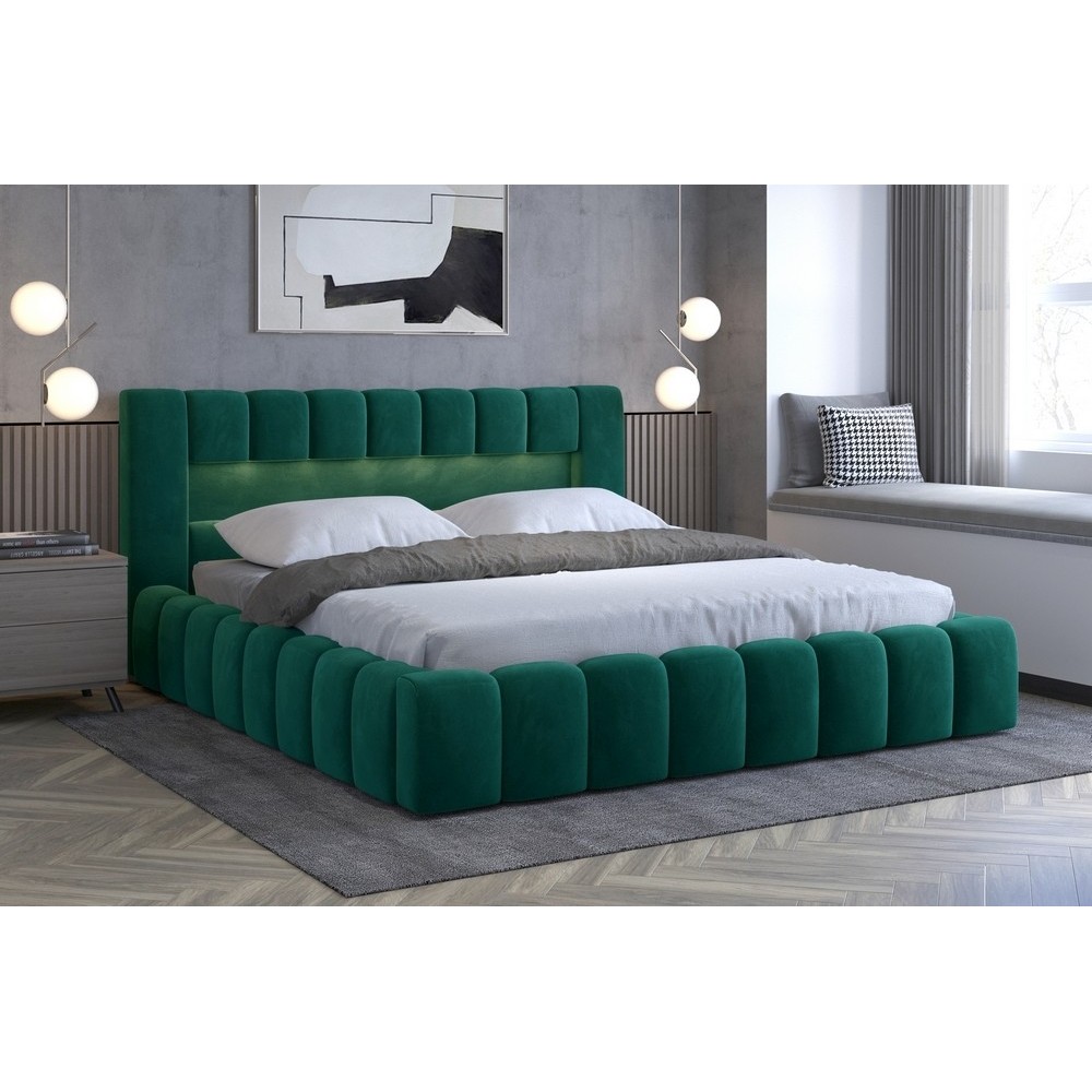 Lit 160x200 rembourré en velours luxe avec coffre et éclairage LED, vert, LANA