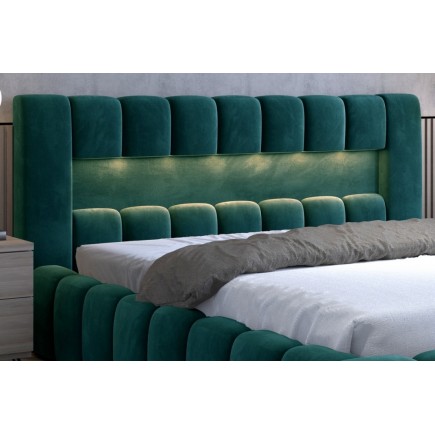 Lit 160x200 rembourré en velours luxe avec coffre et éclairage LED, vert, LANA