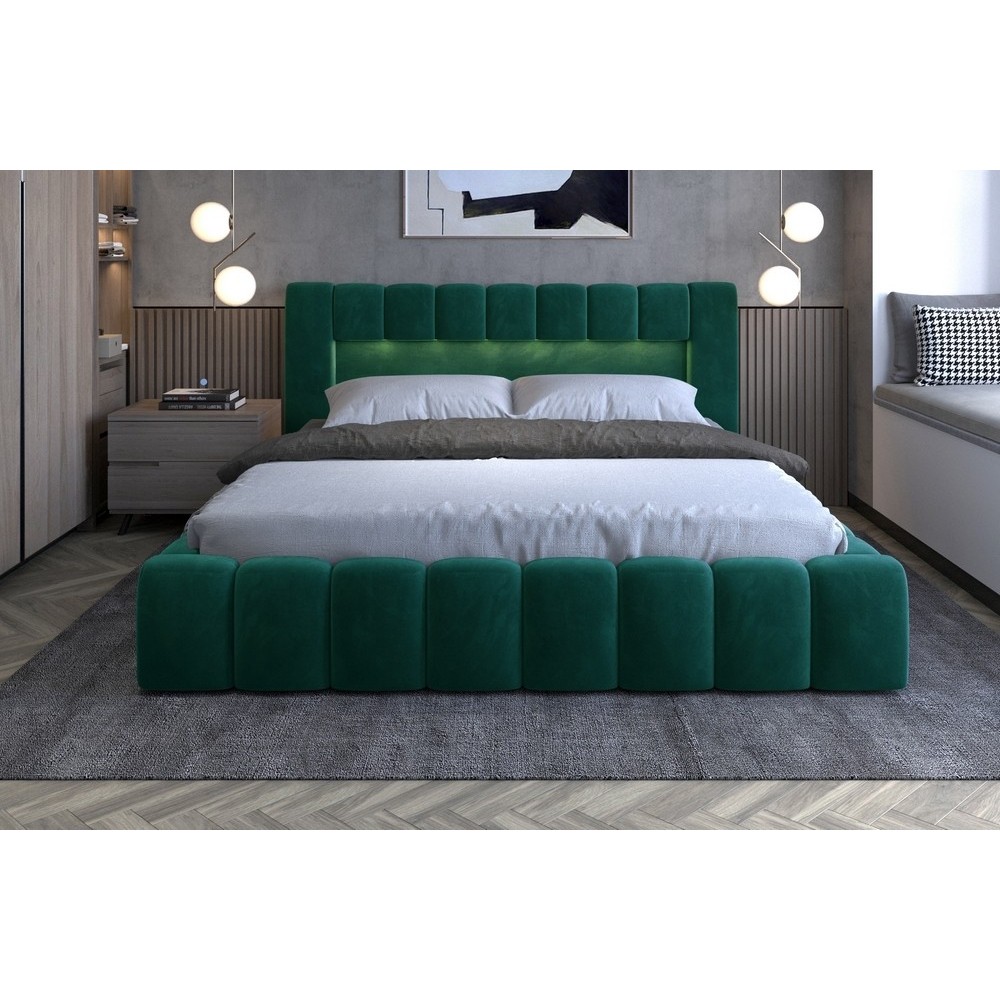 Lit 180x200 rembourré en velours luxe avec coffre et éclairage LED, vert, LANA