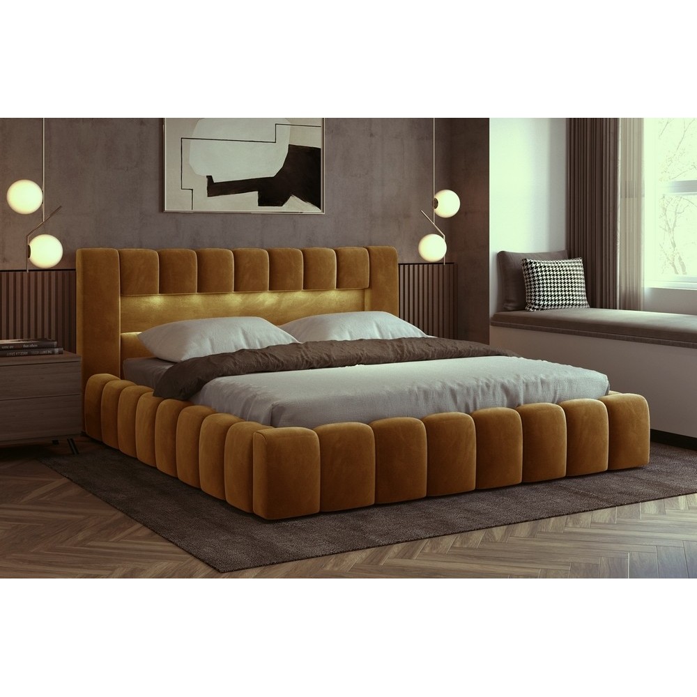 Lit 140x200 rembourré en velours luxe avec coffre et éclairage LED, couleur bronze, LANA