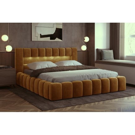 Lit 140x200 rembourré en velours luxe avec coffre et éclairage LED, couleur bronze, LANA