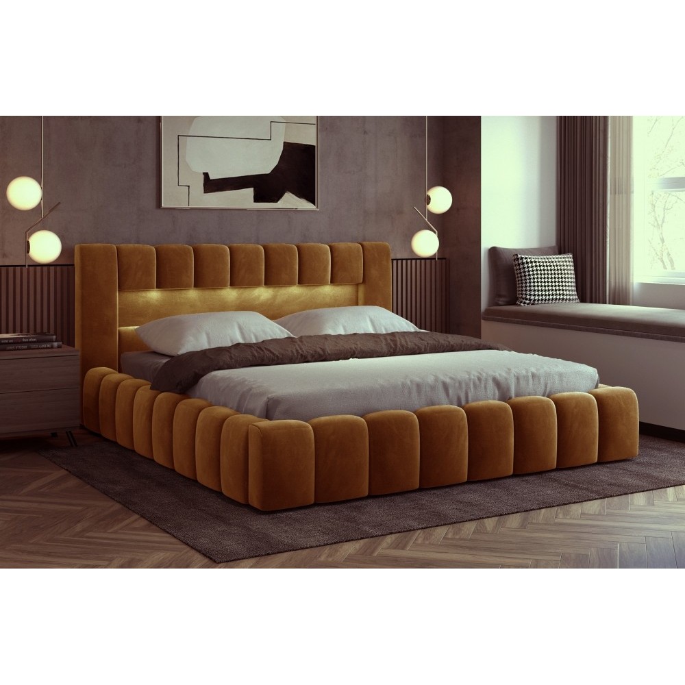 Lit 160x200 rembourré en velours luxe avec coffre et éclairage LED, couleur bronze, LANA
