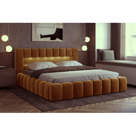 Lit 160x200 rembourré en velours luxe avec coffre et éclairage LED, couleur bronze, LANA