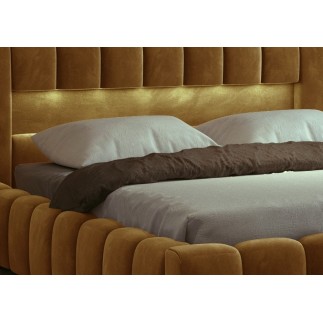 Lit 160x200 rembourré en velours luxe avec coffre et éclairage LED, couleur bronze, LANA