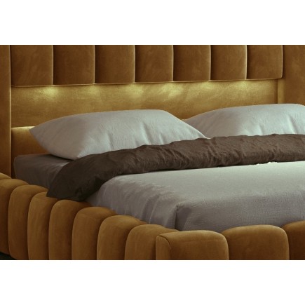 Lit 160x200 rembourré en velours luxe avec coffre et éclairage LED, couleur bronze, LANA