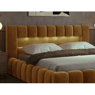 Lit 180x200 rembourré en velours luxe avec coffre et éclairage LED, bronze, LANA