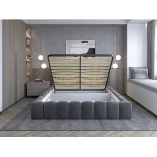Lit 160x200 rembourré en velours luxe avec coffre et éclairage LED, rose, LANA
