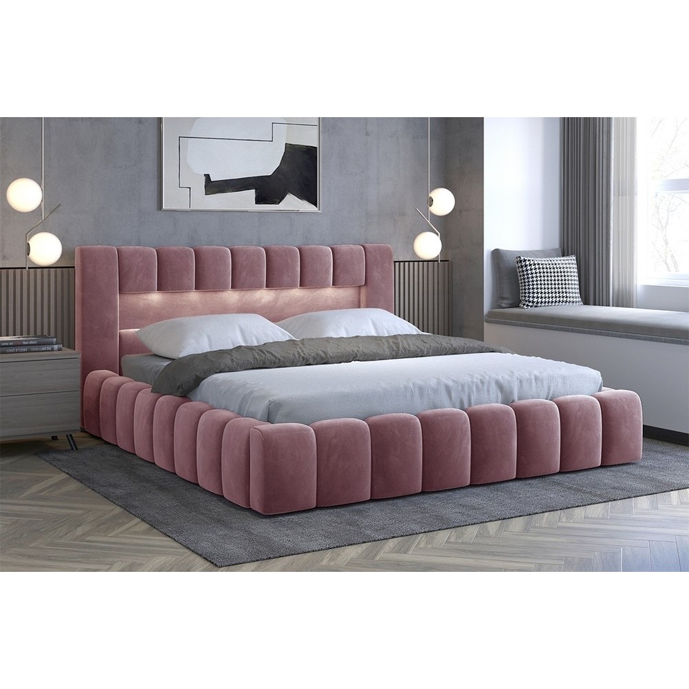 Lit 180x200 rembourré en velours luxe avec coffre et éclairage LED, rose, LANA