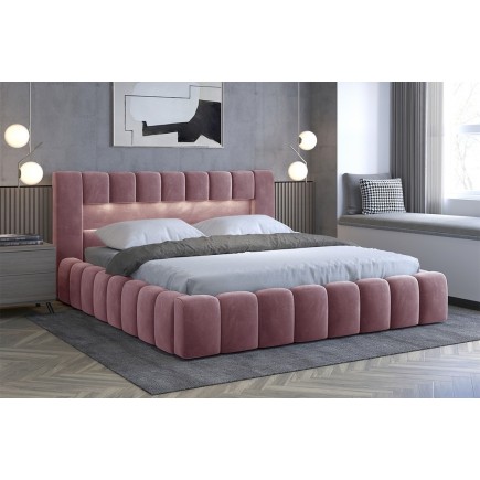 Lit 180x200 rembourré en velours luxe avec coffre et éclairage LED, rose, LANA