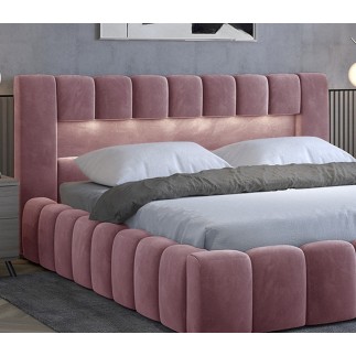 Lit 180x200 rembourré en velours luxe avec coffre et éclairage LED, rose, LANA