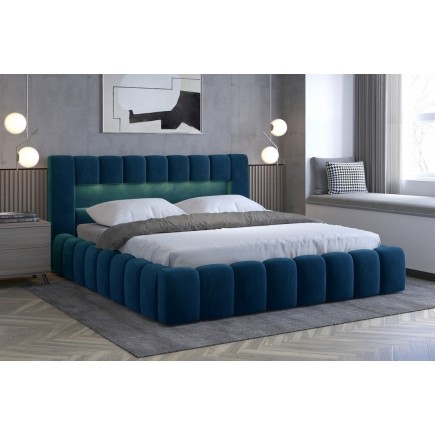Lit 140x200 rembourré en velours luxe avec coffre et éclairage LED, bleu, LANA