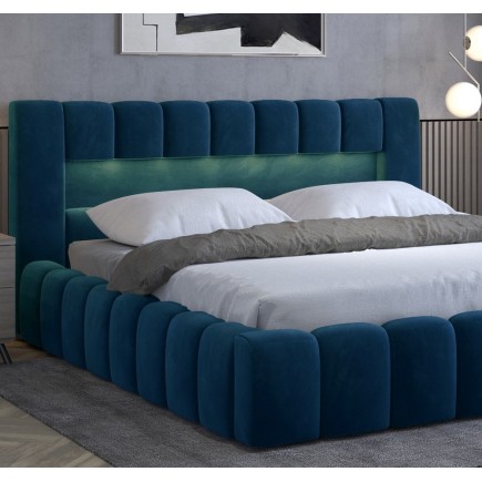 Lit 160x200 rembourré en velours luxe avec coffre et éclairage LED, bleu, LANA