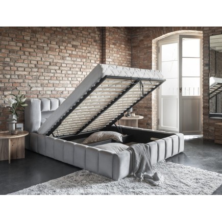 Lit 140x200 rembourré en velours luxe avec coffre et éclairage LED, gris, LANA